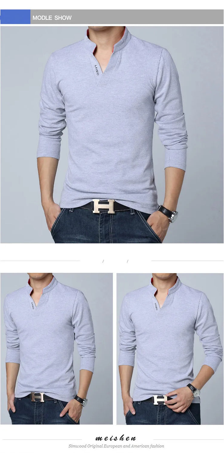 Eye-Catching Slim Fit Mens Tee Shirts in Solid Cotton for Spring Mandarin Collar Long Sleeve 5XL Size