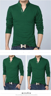 Eye-Catching Slim Fit Mens Tee Shirts in Solid Cotton for Spring Mandarin Collar Long Sleeve 5XL Size