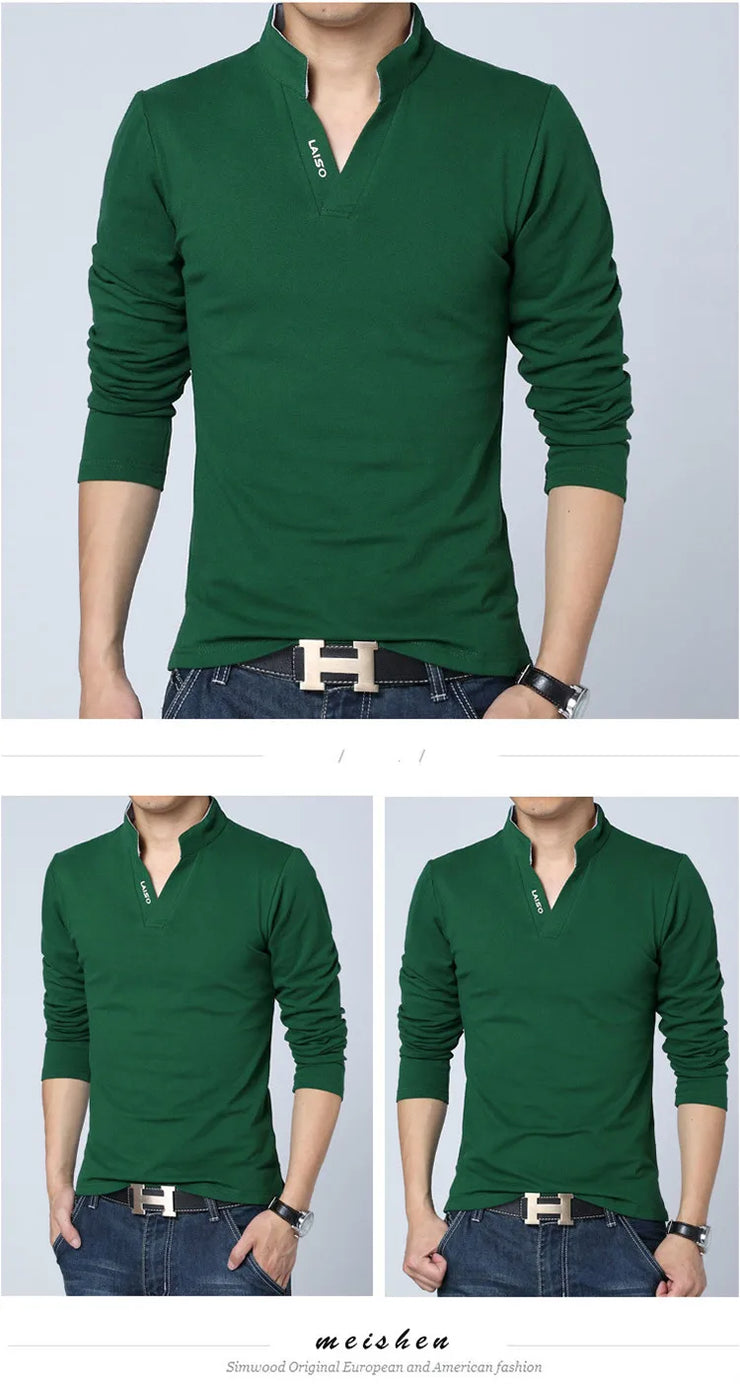 Eye-Catching Slim Fit Mens Tee Shirts in Solid Cotton for Spring Mandarin Collar Long Sleeve 5XL Size