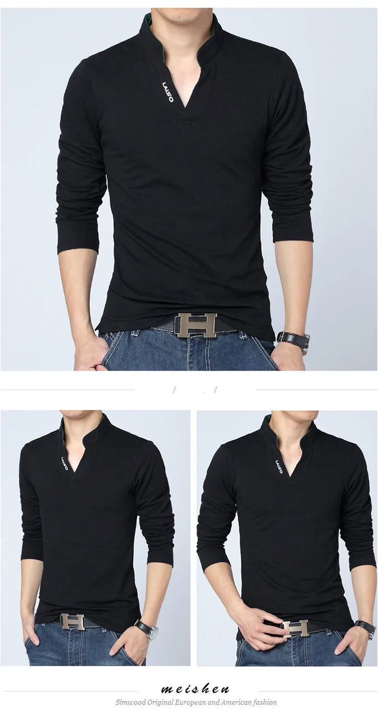 Eye-Catching Slim Fit Mens Tee Shirts in Solid Cotton for Spring Mandarin Collar Long Sleeve 5XL Size