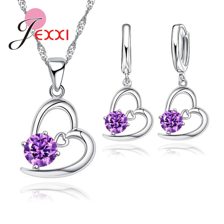 Sterling Silver Jewelry Sets Romantic Lovely CZ Crystal Necklace Pendant Earrings for Women