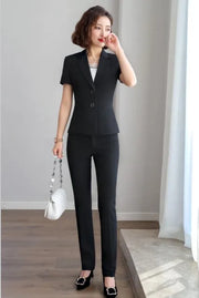 Women's Slim Fit Business Suit Short Sleeve Blazer And Trousers Set Office Work Wear Formal Temperament Ladies Summer Suit