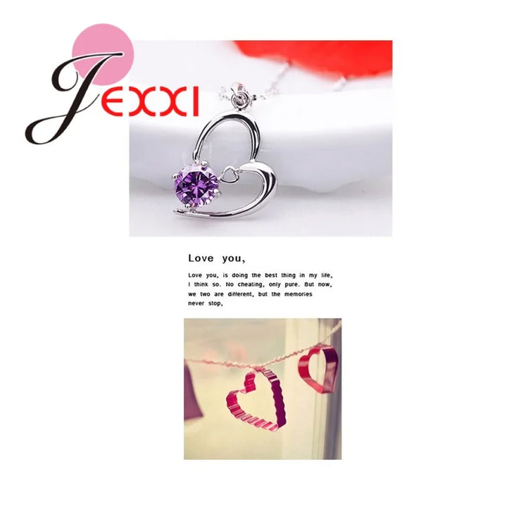 Sterling Silver Jewelry Sets Romantic Lovely CZ Crystal Necklace Pendant Earrings for Women