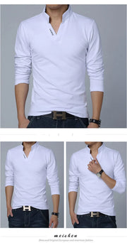 Eye-Catching Slim Fit Mens Tee Shirts in Solid Cotton for Spring Mandarin Collar Long Sleeve 5XL Size