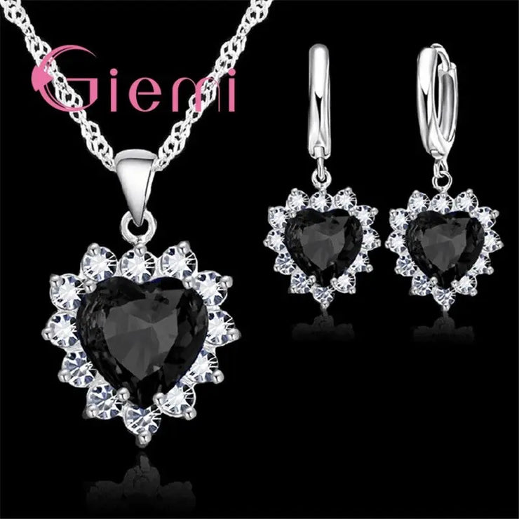 True Love 925 Sterling Silver Jewelry Sets For Women Cubic Zirconia Pendant Necklace Earrings Set Valentine&