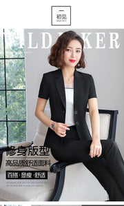 Women's Slim Fit Business Suit Short Sleeve Blazer And Trousers Set Office Work Wear Formal Temperament Ladies Summer Suit