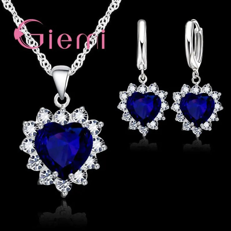 True Love 925 Sterling Silver Jewelry Sets For Women Cubic Zirconia Pendant Necklace Earrings Set Valentine&