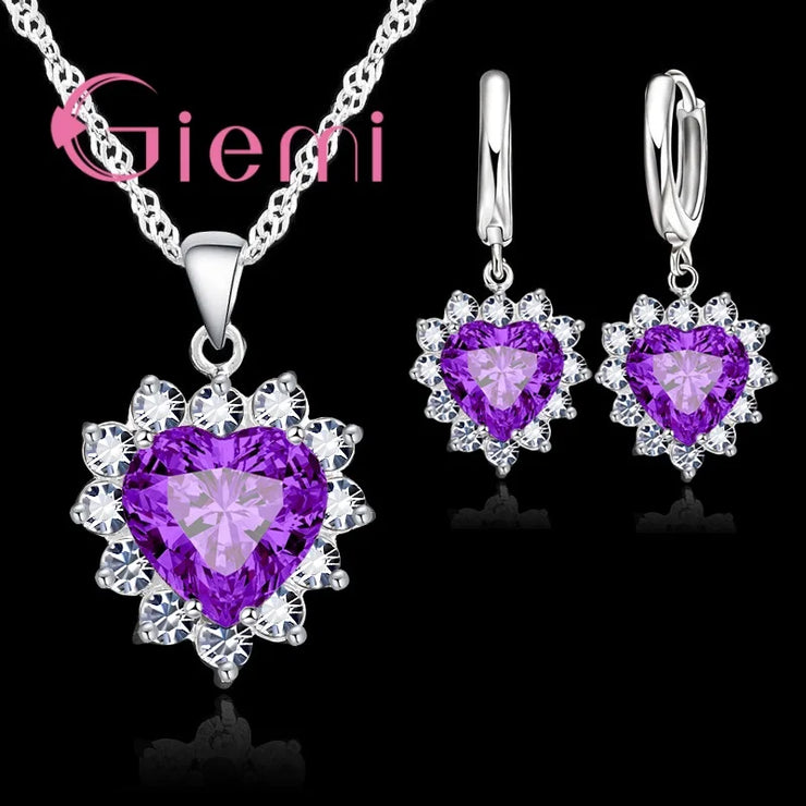 True Love 925 Sterling Silver Jewelry Sets For Women Cubic Zirconia Pendant Necklace Earrings Set Valentine&