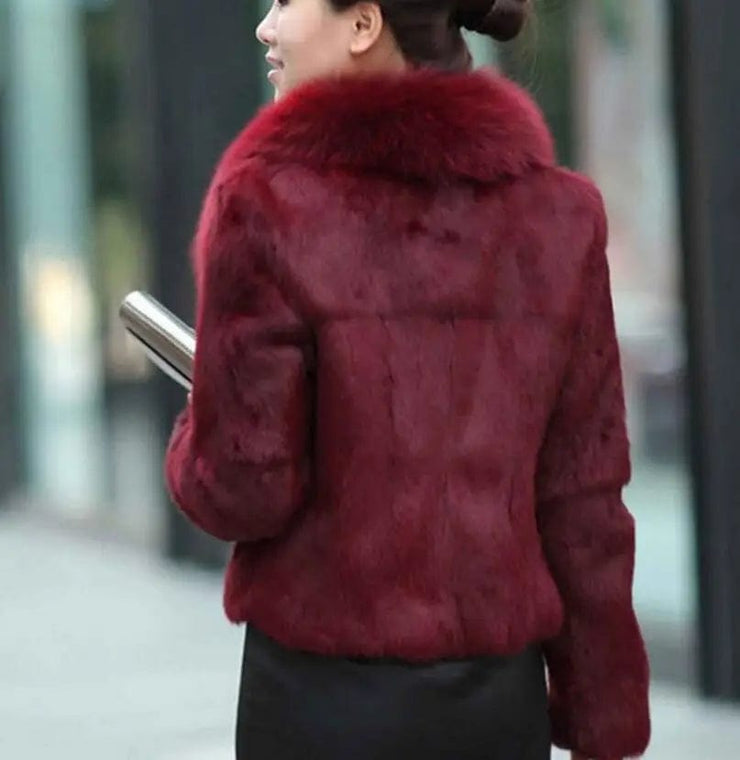 Women Tops Fashion Slim Soft Fox Fur Collar Rabbit Fur Coat Jacket