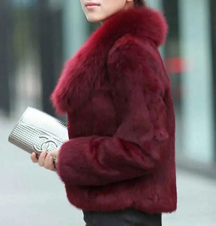 Women Tops Fashion Slim Soft Fox Fur Collar Rabbit Fur Coat Jacket