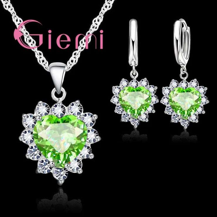 True Love 925 Sterling Silver Jewelry Sets For Women Cubic Zirconia Pendant Necklace Earrings Set Valentine&