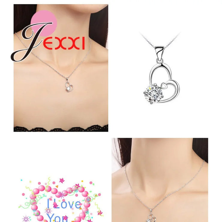 Sterling Silver Jewelry Sets Romantic Lovely CZ Crystal Necklace Pendant Earrings for Women