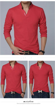 Eye-Catching Slim Fit Mens Tee Shirts in Solid Cotton for Spring Mandarin Collar Long Sleeve 5XL Size