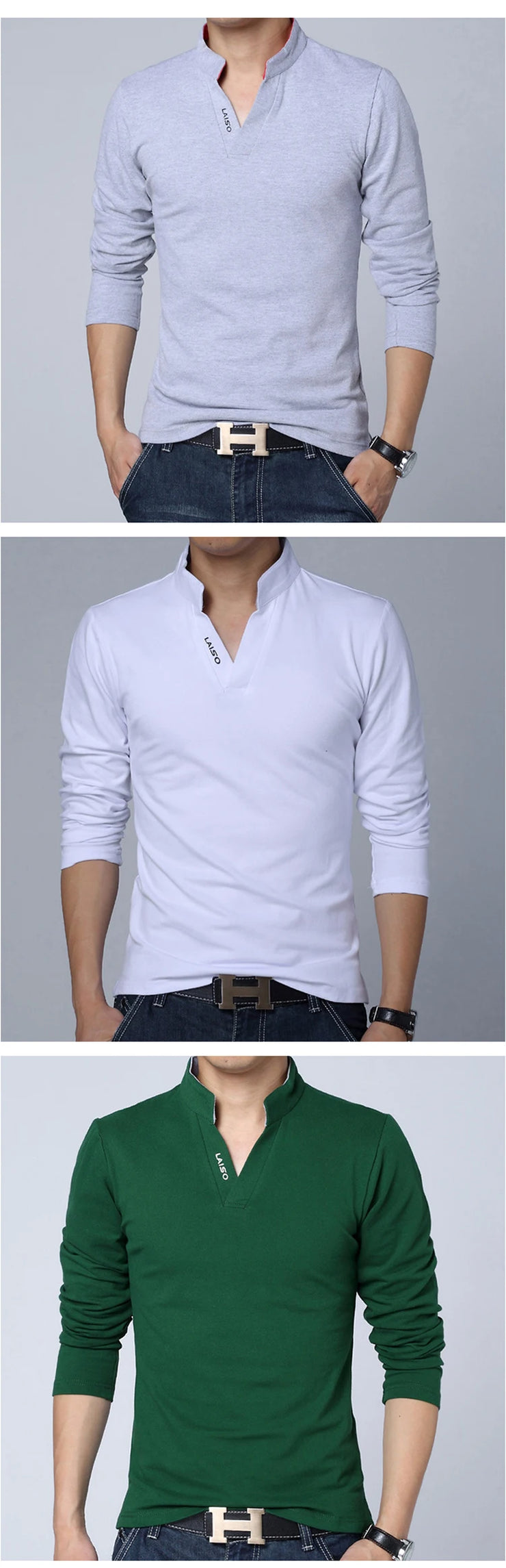 Eye-Catching Slim Fit Mens Tee Shirts in Solid Cotton for Spring Mandarin Collar Long Sleeve 5XL Size