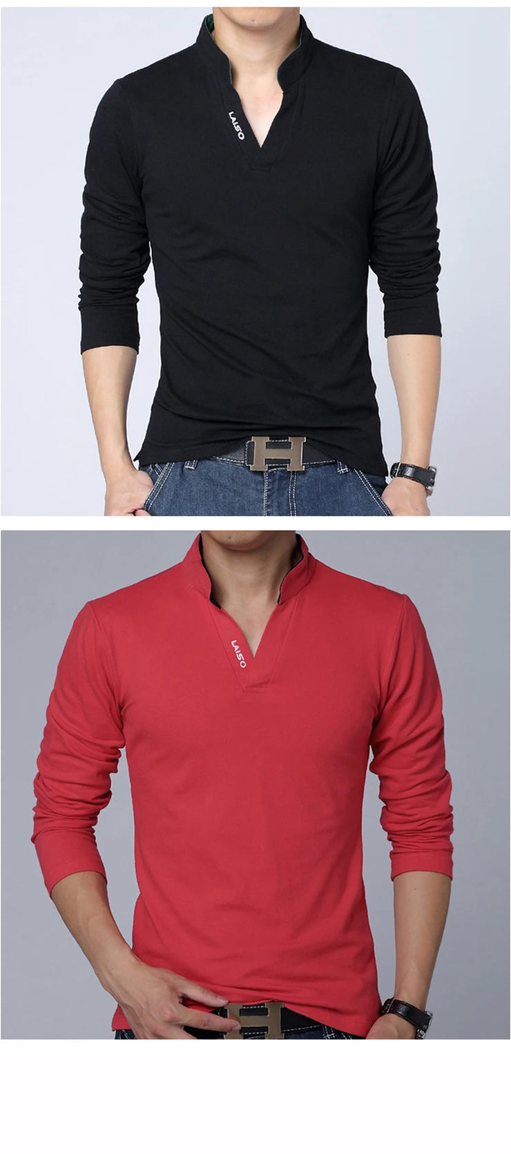 Eye-Catching Slim Fit Mens Tee Shirts in Solid Cotton for Spring Mandarin Collar Long Sleeve 5XL Size