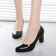 Professional Women's Shallow Mouth Single Shoes 7CM Thick High Heel Slip-On round Head Black Work Footwear