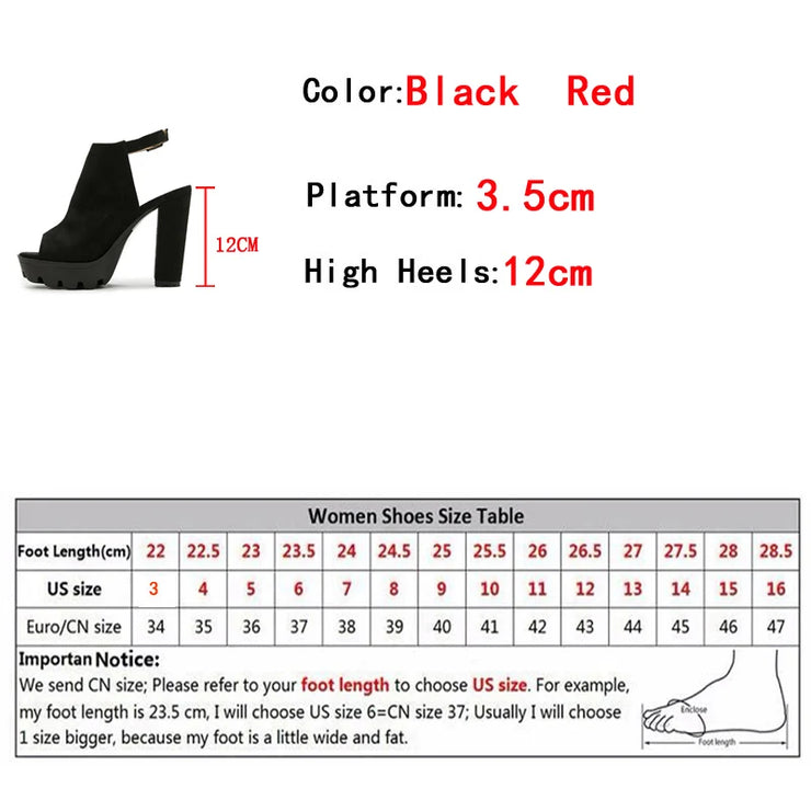 Women Chunky Platform Flock Thick High Heels Open Toe Ankle Buckle Strap Shoes Casual