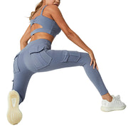 High Waist Stretch Gym Yoga Sports Leggings Women's Tummy Control Fitness Running Tights 4 Pockets Full Length Knitted Pants