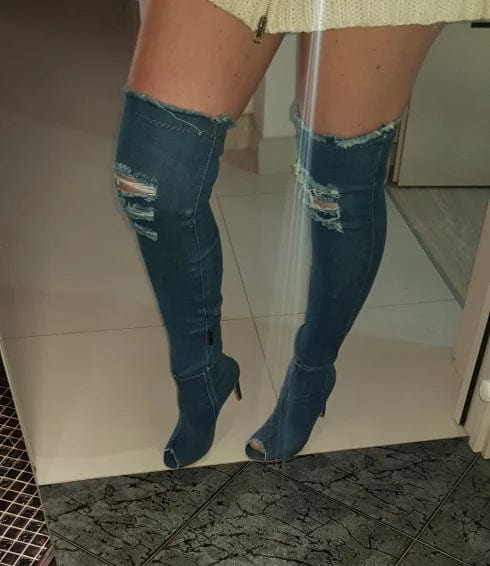 Women Thigh  High Heels sTassel Jean Boot