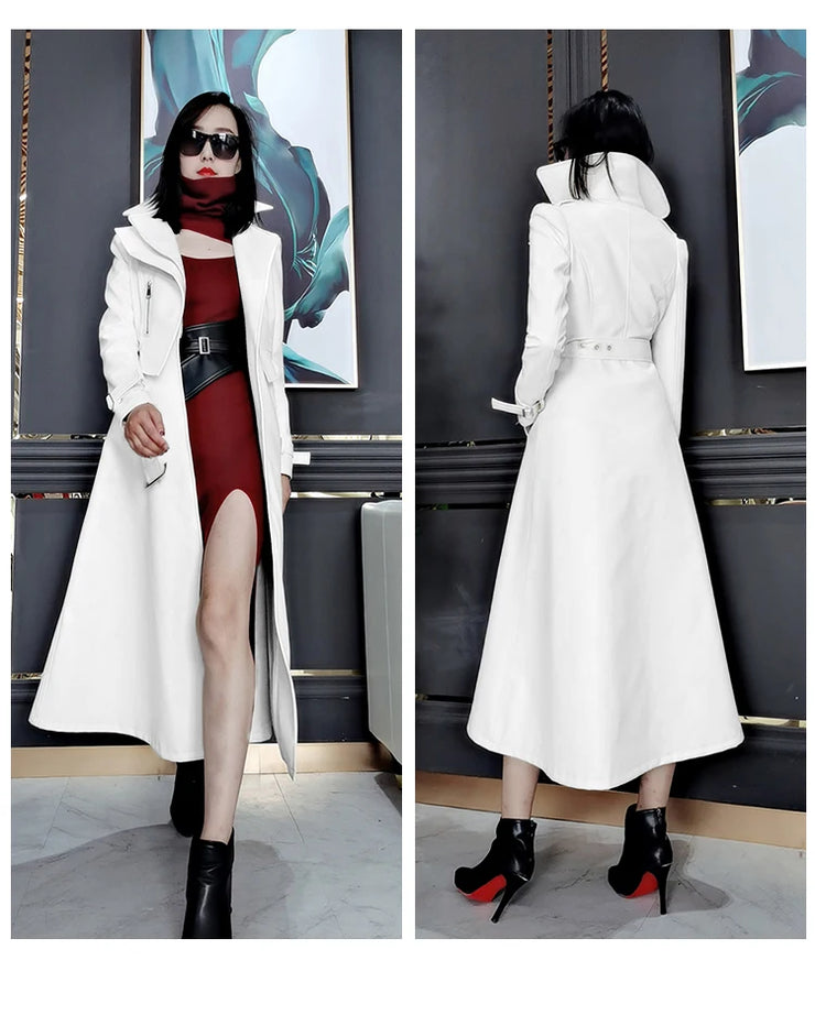 Women  White Long Leather  Long Sleeve Elegant Luxury Trench Coat