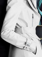 Women  White Long Leather  Long Sleeve Elegant Luxury Trench Coat