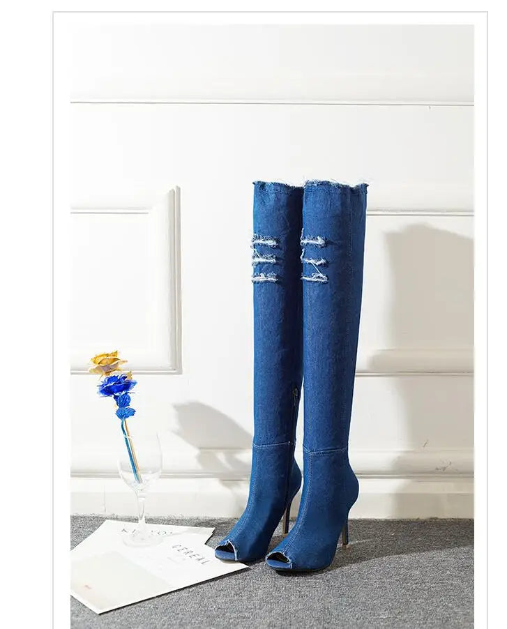 Women Thigh  High Heels sTassel Jean Boot