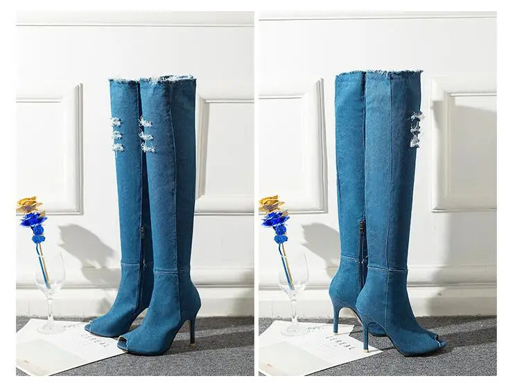 Women Thigh  High Heels sTassel Jean Boot