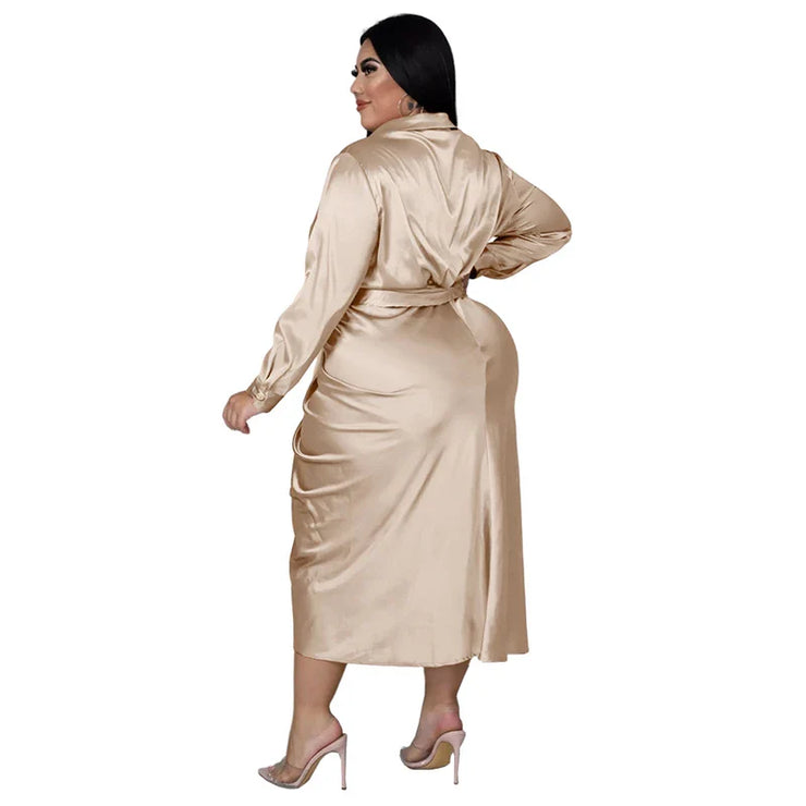 Plus size satin shirt dress with lace-up sleeves, elegant midi length, adjustable fit.