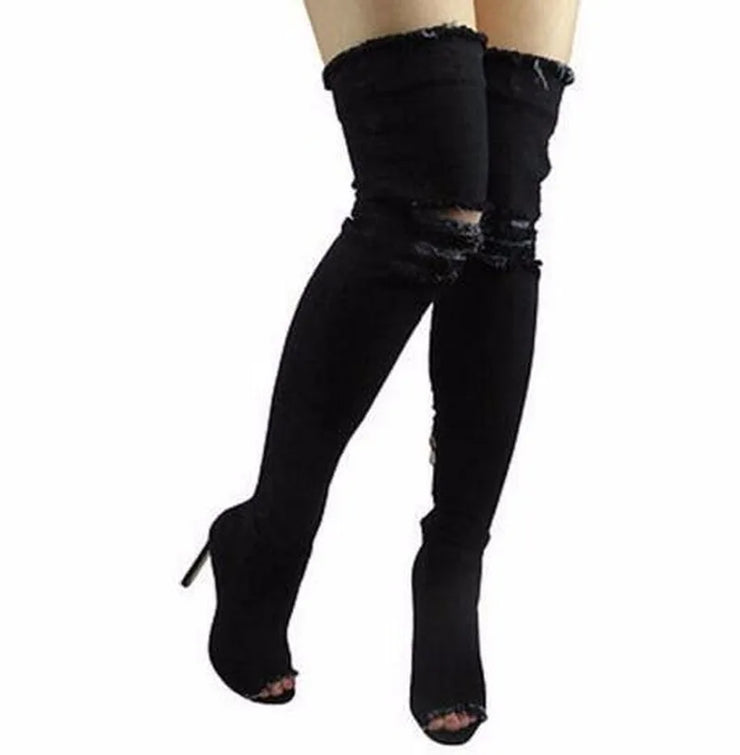 Women Thigh  High Heels sTassel Jean Boot