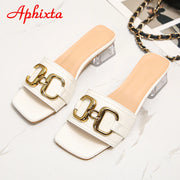 Transparent Square Heels Women Peep Toe Mules - Summer Slip-on Silver/Vibrantly Heel Sandals- Bronze with Peep- Toe Metal-Make a Grand Scene & Stand Our Class Apart Footwear: Size Range 35-45 .