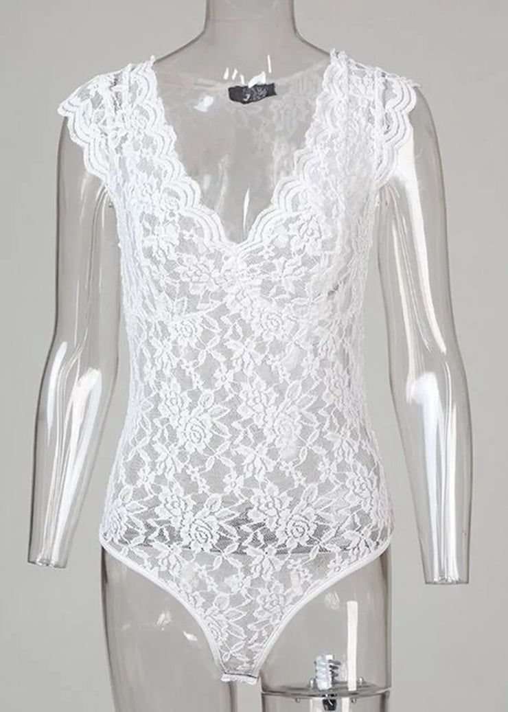 Lace sleeveless V-neck blouse with hollow-out design, perfect for summer fashion, club wear, and regular fit tank top.