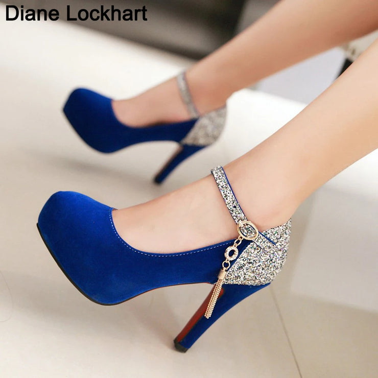 Women Bling Tassel High Heels Velvet  Platform Bottom Pumps  Dress