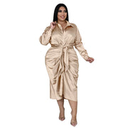 plus size satin shirt dress with lace-up sleeves in elegant midi style