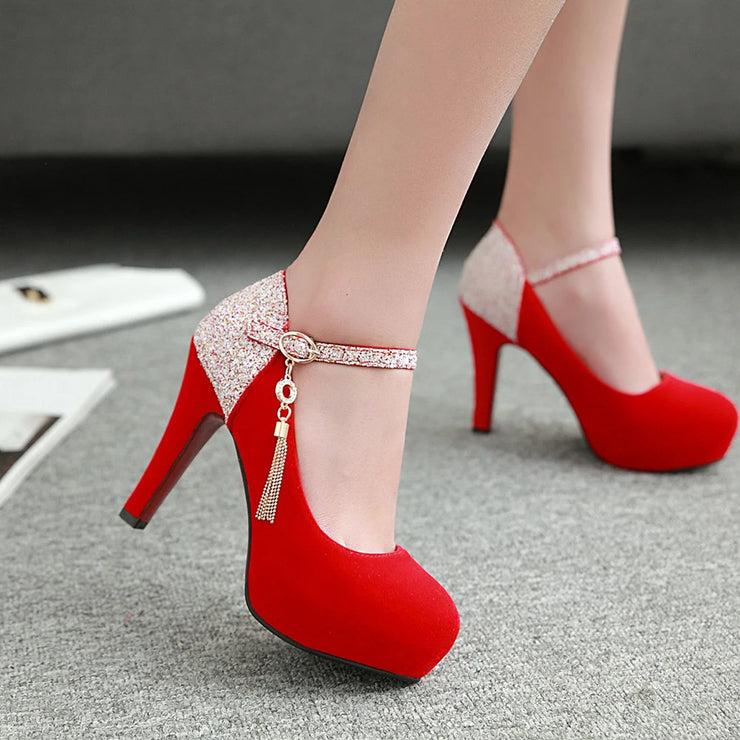 Women Bling Tassel High Heels Velvet  Platform Bottom Pumps  Dress