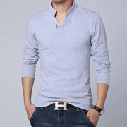 Eye-Catching Slim Fit Mens Tee Shirts in Solid Cotton for Spring Mandarin Collar Long Sleeve 5XL Size