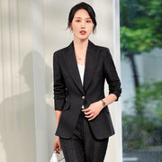 Women's Single Button 2-Piece Suit Set Formal Solid Blazer And Pants Office Lady Design Anti-Wrinkle Polyester