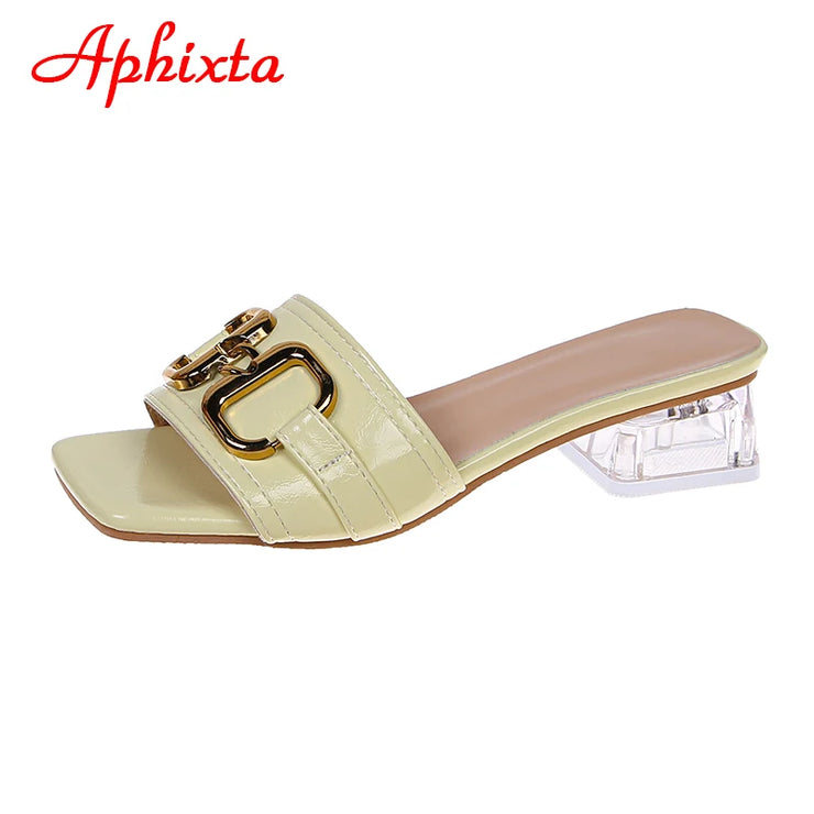 Transparent Square Heels Women Peep Toe Mules - Summer Slip-on Silver/Vibrantly Heel Sandals- Bronze with Peep- Toe Metal-Make a Grand Scene & Stand Our Class Apart Footwear: Size Range 35-45 .
