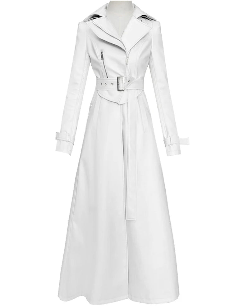 Women  White Long Leather  Long Sleeve Elegant Luxury Trench Coat