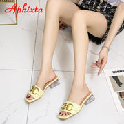 Transparent Square Heels Women Peep Toe Mules - Summer Slip-on Silver/Vibrantly Heel Sandals- Bronze with Peep- Toe Metal-Make a Grand Scene & Stand Our Class Apart Footwear: Size Range 35-45 .