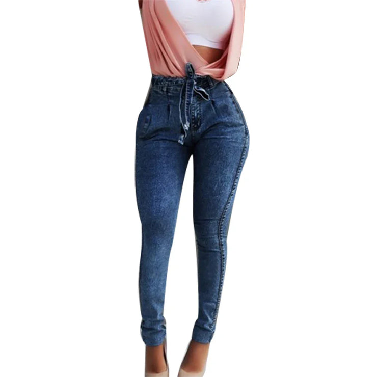 High waist skinny jeans for women with belt, stretch denim, full-length casual fashion.