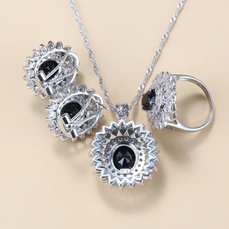 Women Zircon Sunflower 925 Silver Clip Earrings Necklace Bracelet And Ring Sets