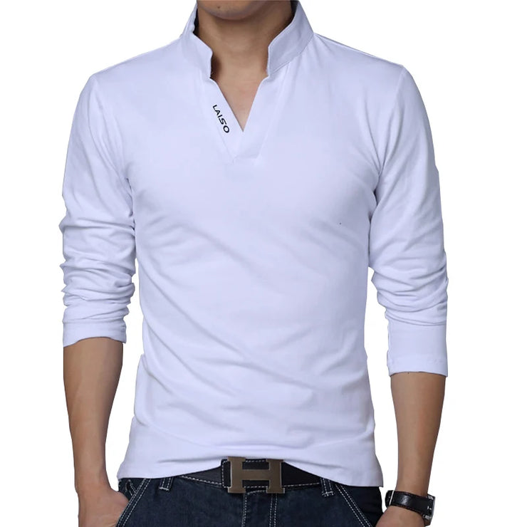 Eye-Catching Slim Fit Mens Tee Shirts in Solid Cotton for Spring Mandarin Collar Long Sleeve 5XL Size