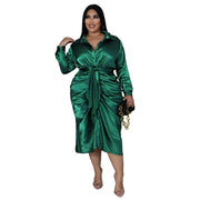 plus size satin shirt dress with lace-up long sleeves, elegant midi fit for women