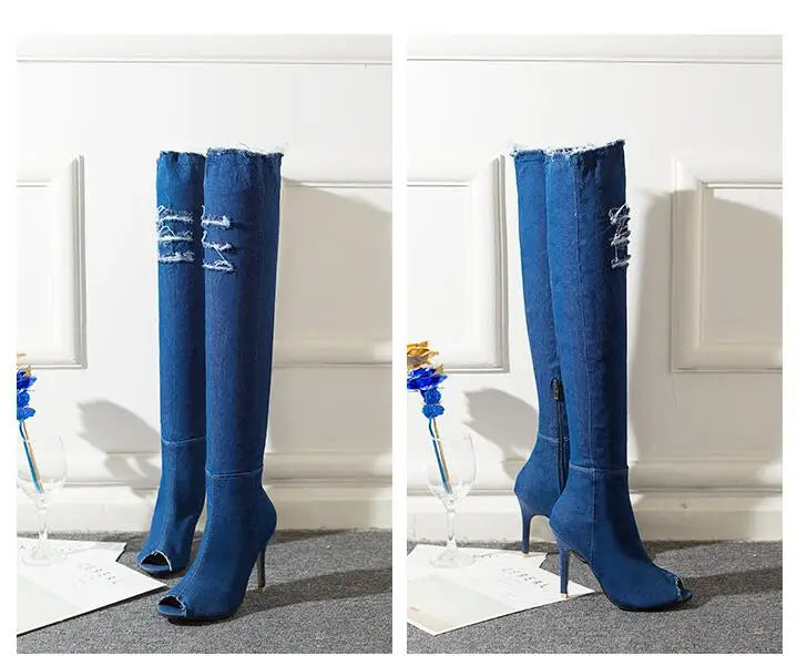 Women Thigh  High Heels sTassel Jean Boot