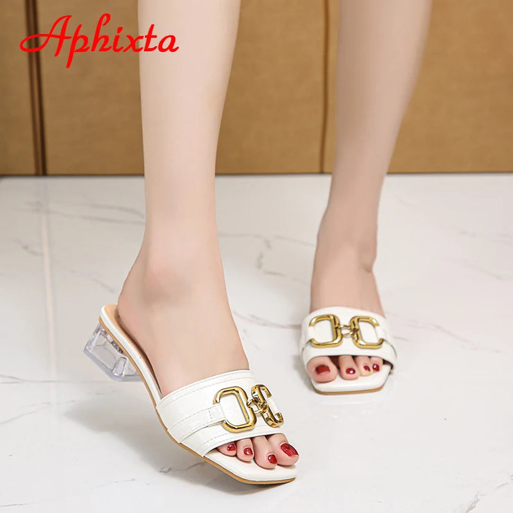 Transparent Square Heels Women Peep Toe Mules - Summer Slip-on Silver/Vibrantly Heel Sandals- Bronze with Peep- Toe Metal-Make a Grand Scene & Stand Our Class Apart Footwear: Size Range 35-45 .