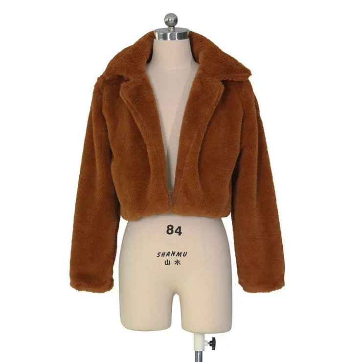 Women Faux Fur Coats Long Sleeve Furry Cropped Jacket Open Stitch