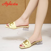Transparent Square Heels Women Peep Toe Mules - Summer Slip-on Silver/Vibrantly Heel Sandals- Bronze with Peep- Toe Metal-Make a Grand Scene & Stand Our Class Apart Footwear: Size Range 35-45 .