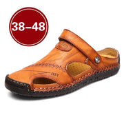 Men's Classic Roman Leather Sandals Breathable Slip-On Summer Outdoor Beach Trekking Shoes Light Weight Rubber Sole Sandal Slide