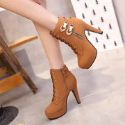 Women  Ankle Platform High Heels  Lace Up  Buckle Short Boot