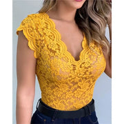 Lace sleeveless blouse with V-neck, hollow-out design, in yellow.